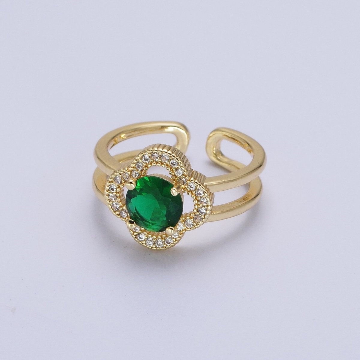 Dainty Clover Ring for Women, Emerald Green Cubic Zirconia Lucky Ring for Women Open Adjustable Ring R-204 - DLUXCA