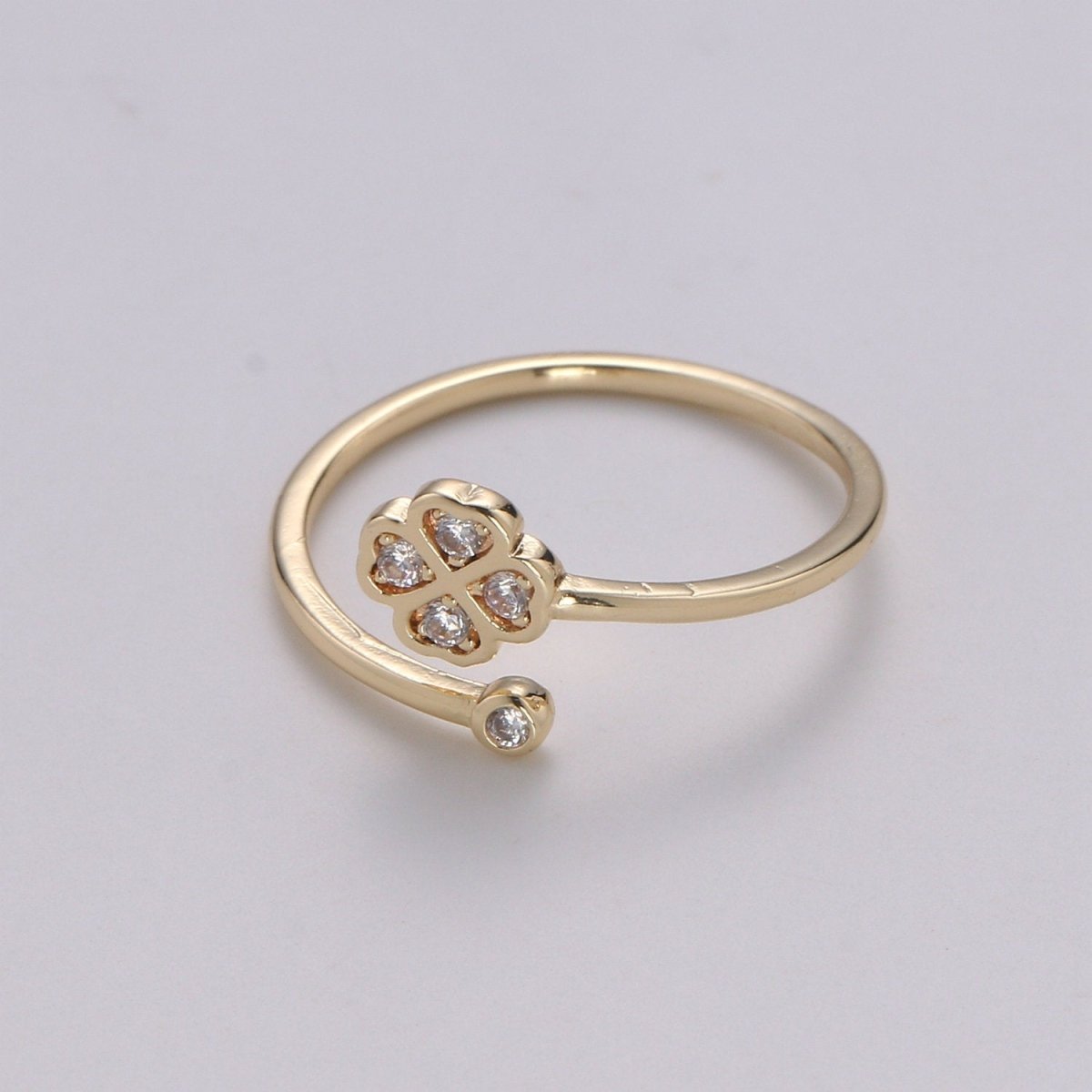 Dainty clover Ring Gold Quatrefoil CZ stackable ring Gold Small floral Minimalist Ring gift for her Open Adjustable Ring for Christmas R-110 - DLUXCA