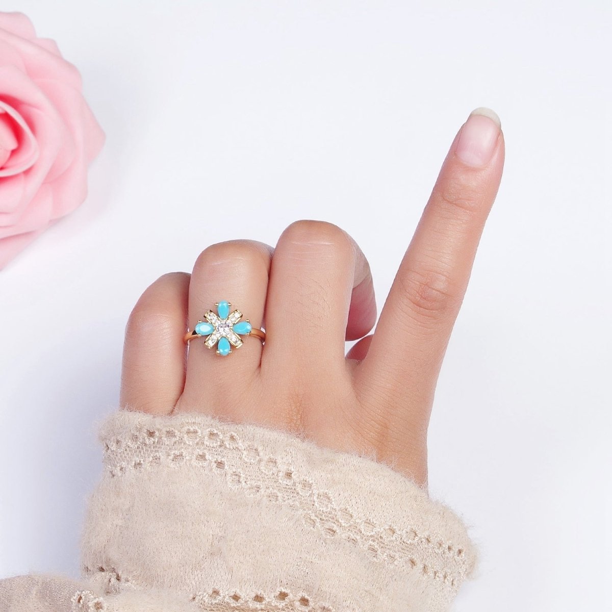 Dainty Cluster Turquoise Ring 16K Gold Filled Minimalist Stackable Trendy Everyday Jewelry Open Adjustable Ring R-503 - DLUXCA