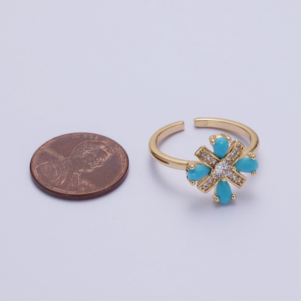 Dainty Cluster Turquoise Ring 16K Gold Filled Minimalist Stackable Trendy Everyday Jewelry Open Adjustable Ring R-503 - DLUXCA