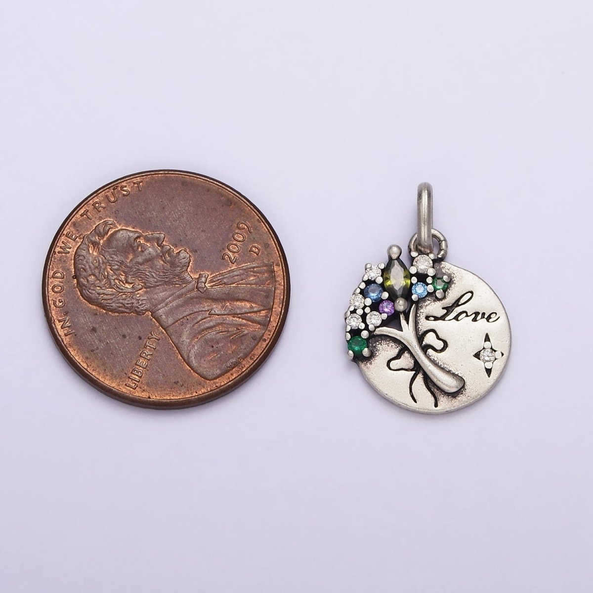 Dainty Coin Charm with Multi Color CZ Bouquet Flower in 925 Sterling Silver Pendant SL-320 - DLUXCA