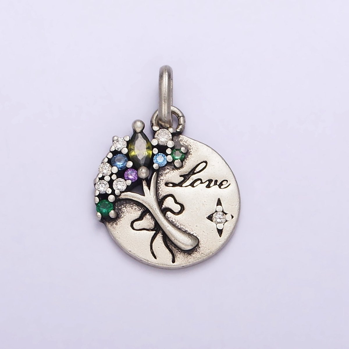 Dainty Coin Charm with Multi Color CZ Bouquet Flower in 925 Sterling Silver Pendant SL-320 - DLUXCA