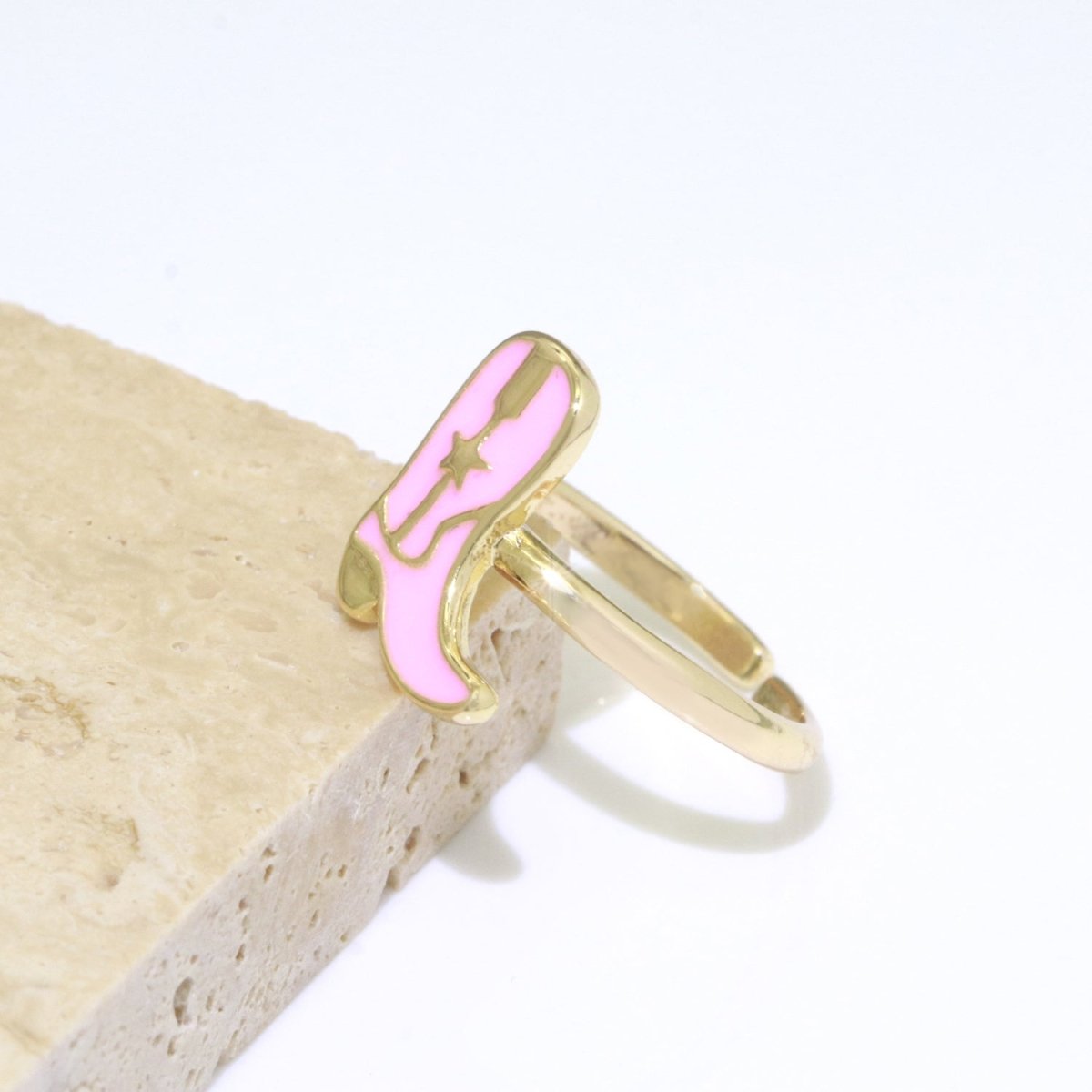 Dainty Cowboy Boots Stacking Ring, Gold Minimalist Ring Open Adjustable Ring Pink Enamel Ring Gold Filled O-540 - DLUXCA