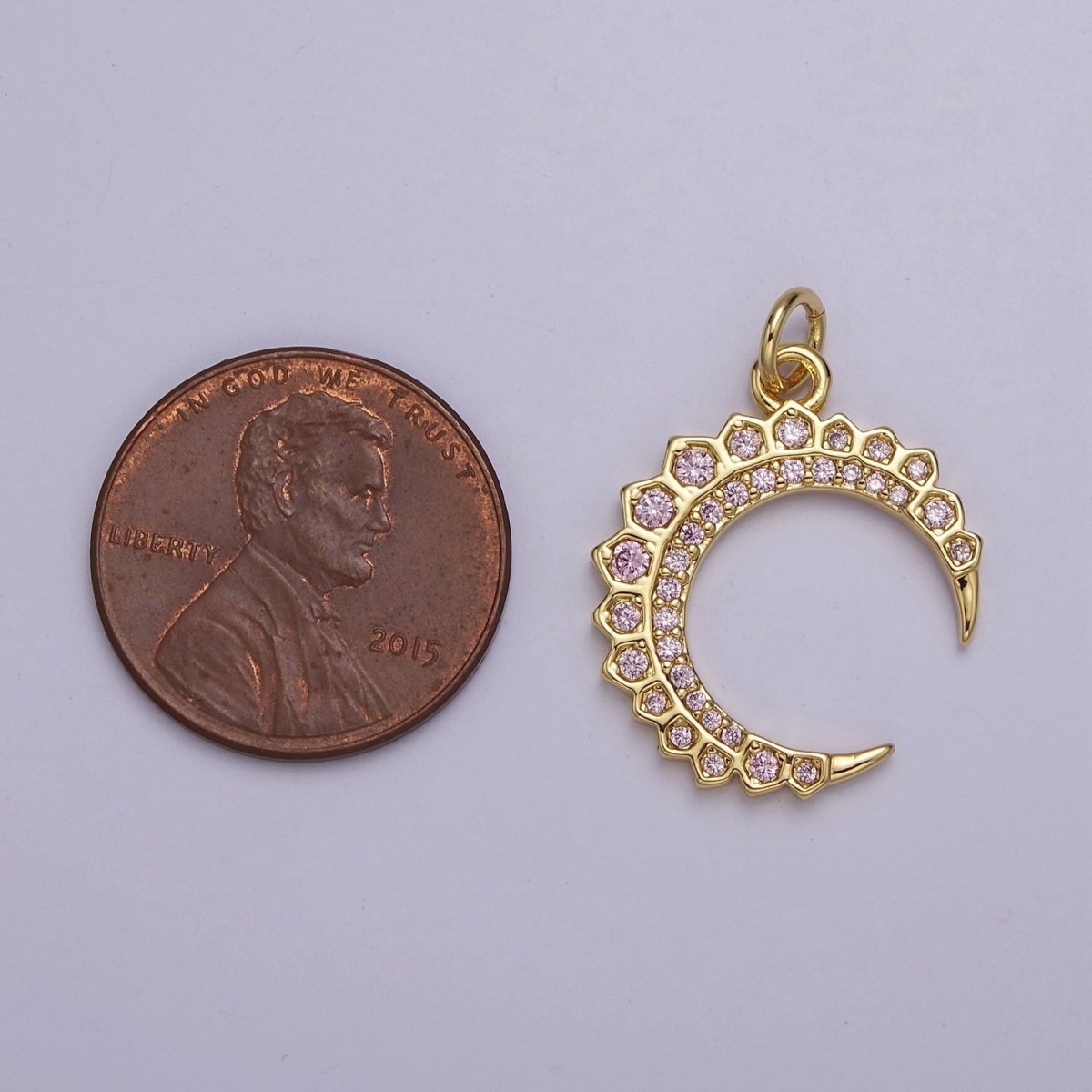 Dainty Crescent Moon Charm with Pink Cz Stone for Celestial Jewelry E-649 - DLUXCA