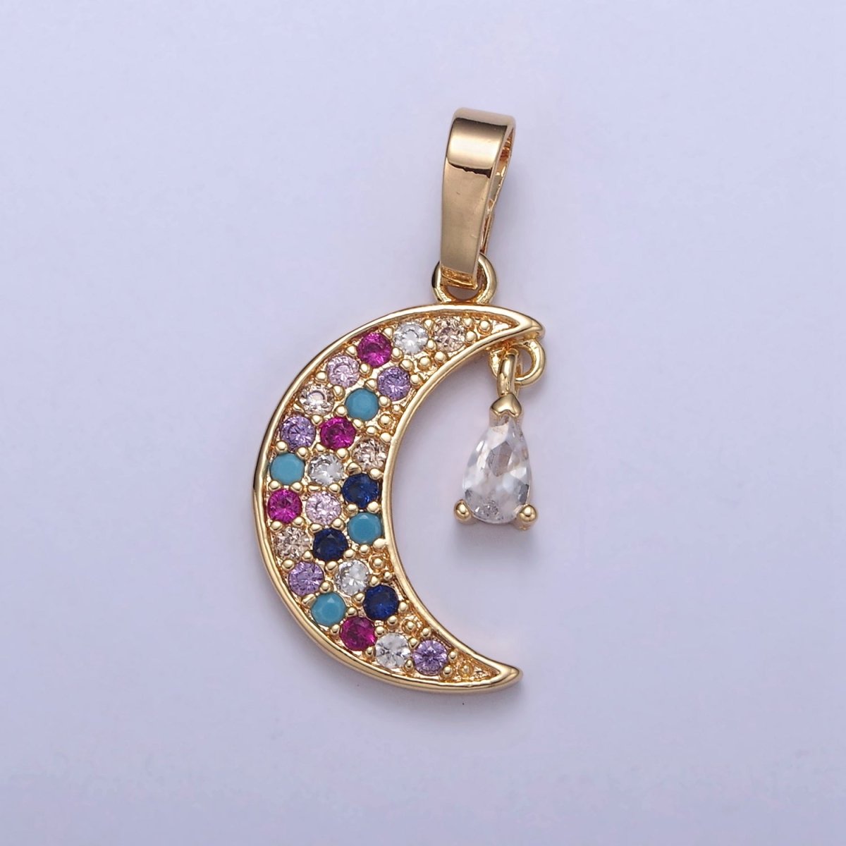Dainty Crescent Moon Pendant with Multi Color Cz Stone for Celestial Jewelry Making H-548 - DLUXCA