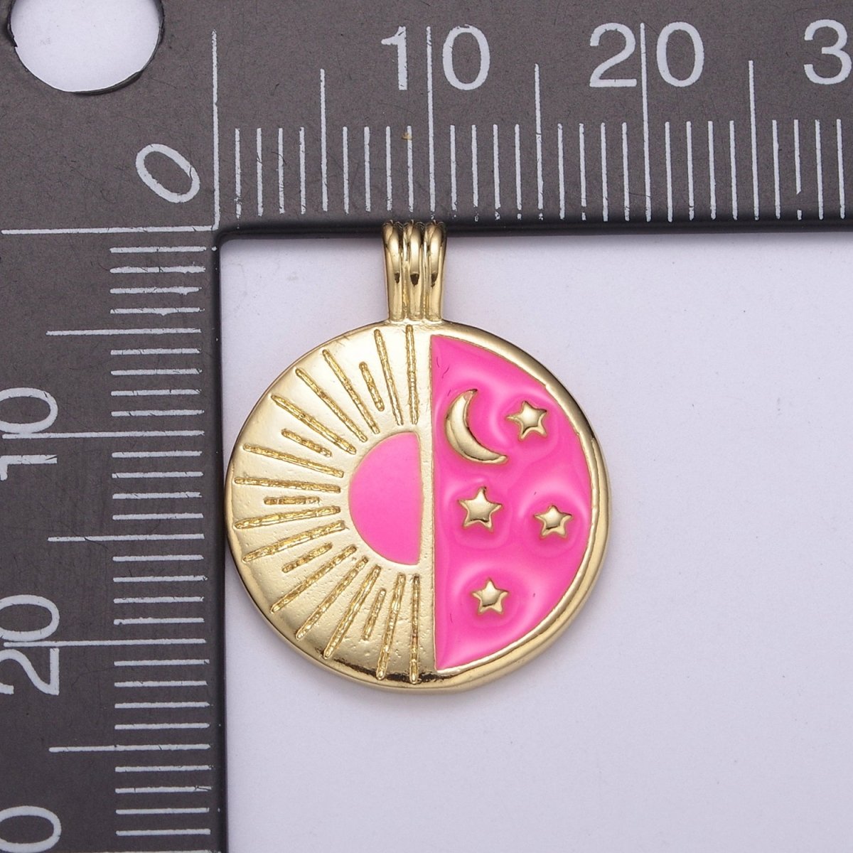 Dainty Cresent Moon On Round Coin Charm Pink Enamel Morning Night Celestial Pendant H-042 - DLUXCA