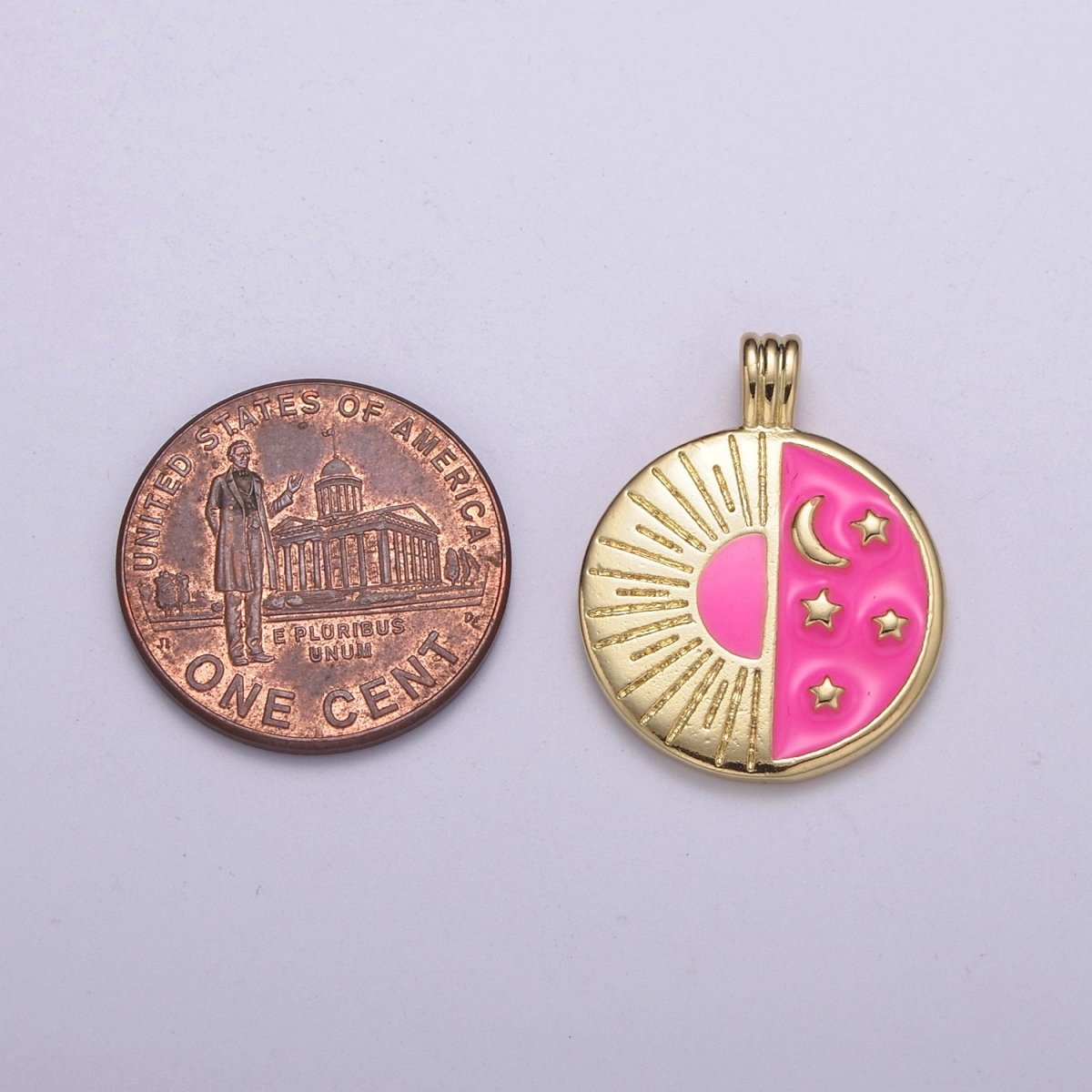 Dainty Cresent Moon On Round Coin Charm Pink Enamel Morning Night Celestial Pendant H-042 - DLUXCA