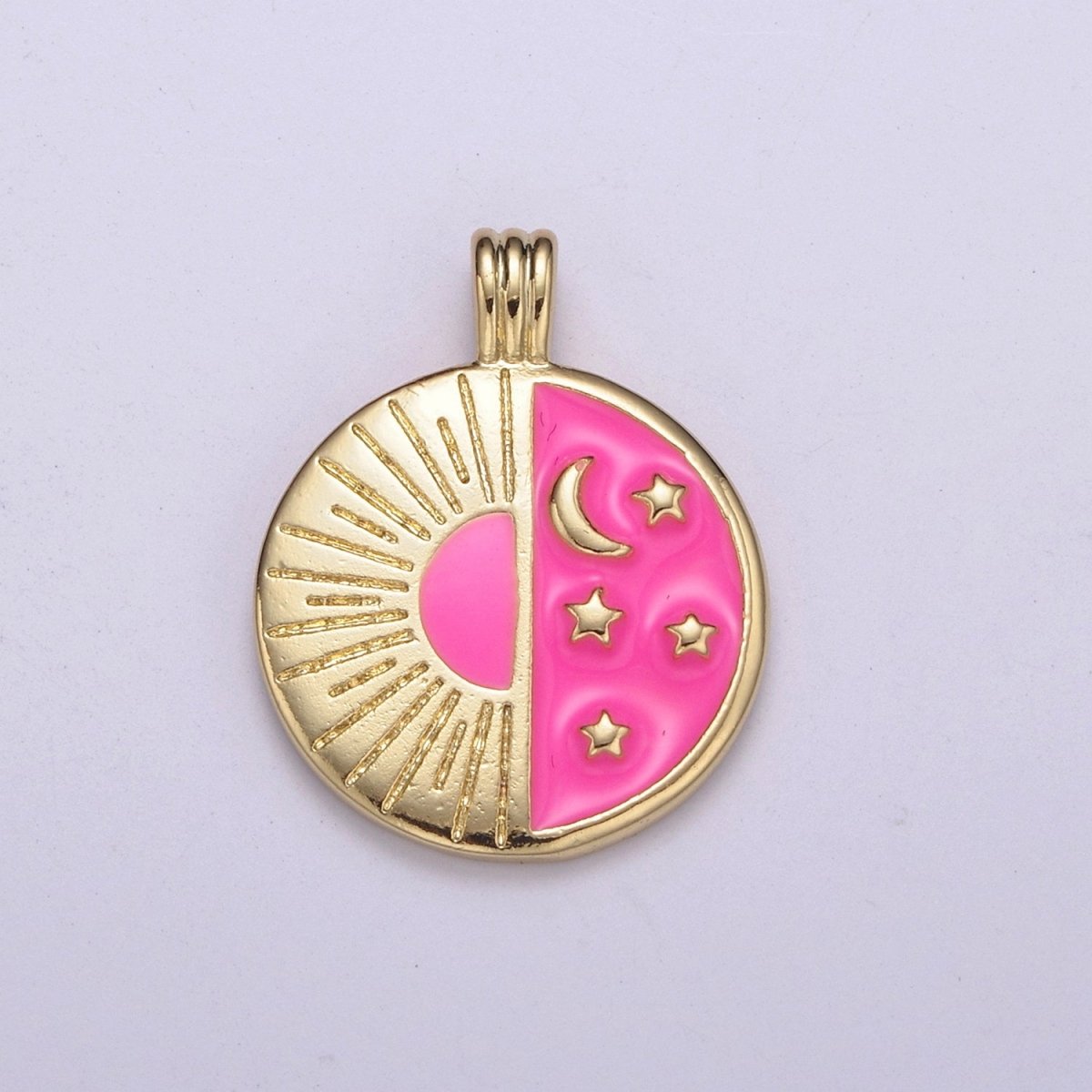 Dainty Cresent Moon On Round Coin Charm Pink Enamel Morning Night Celestial Pendant H-042 - DLUXCA