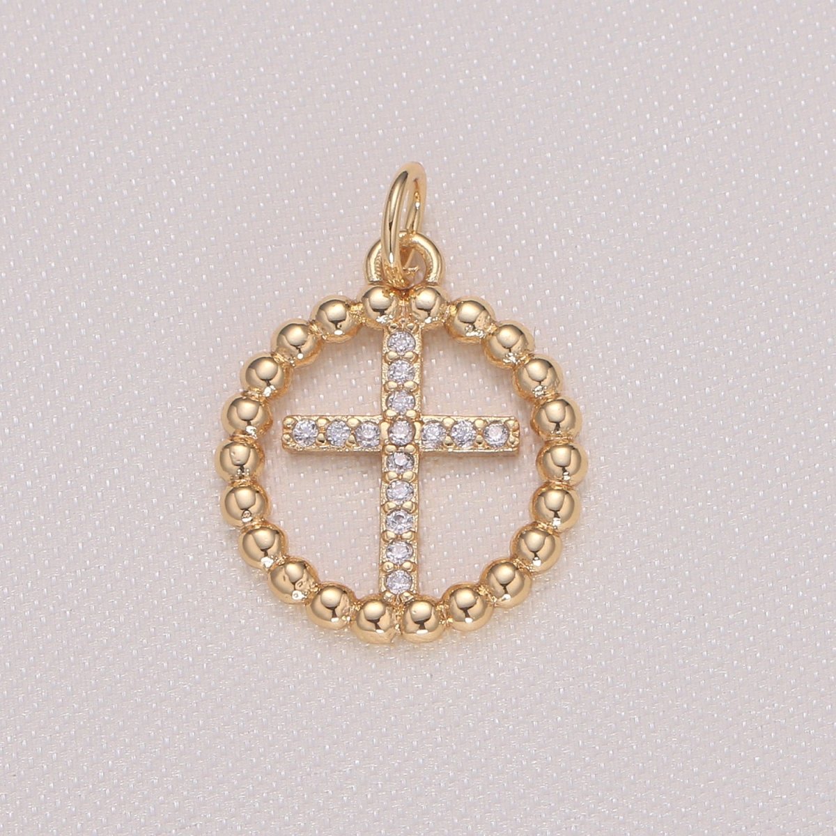 Dainty Crystal Cross in Gold Circle Rosary Charm CZ Golden Holy Cross Prayer Rosary Charm Pendant GP-928 - DLUXCA