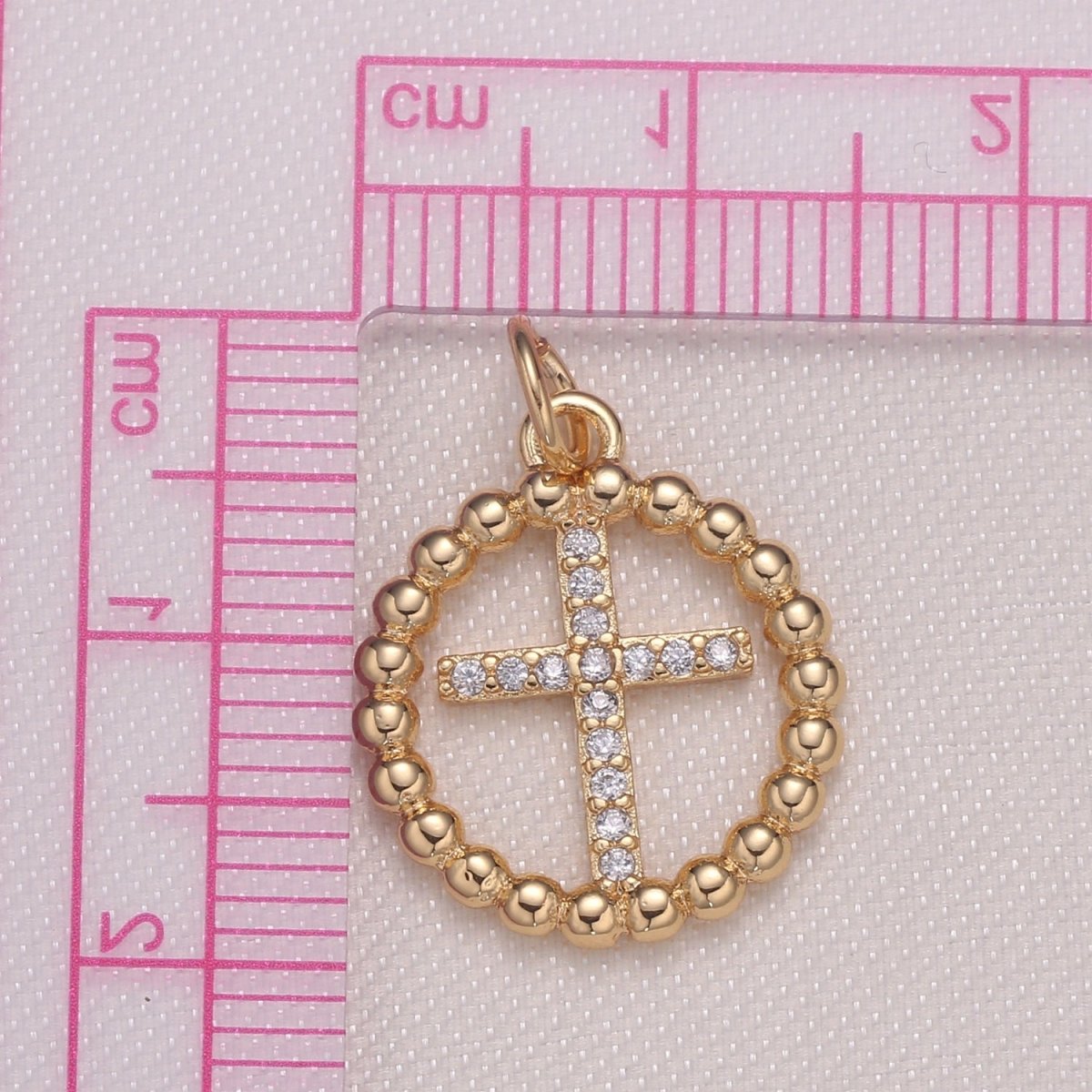 Dainty Crystal Cross in Gold Circle Rosary Charm CZ Golden Holy Cross Prayer Rosary Charm Pendant GP-928 - DLUXCA