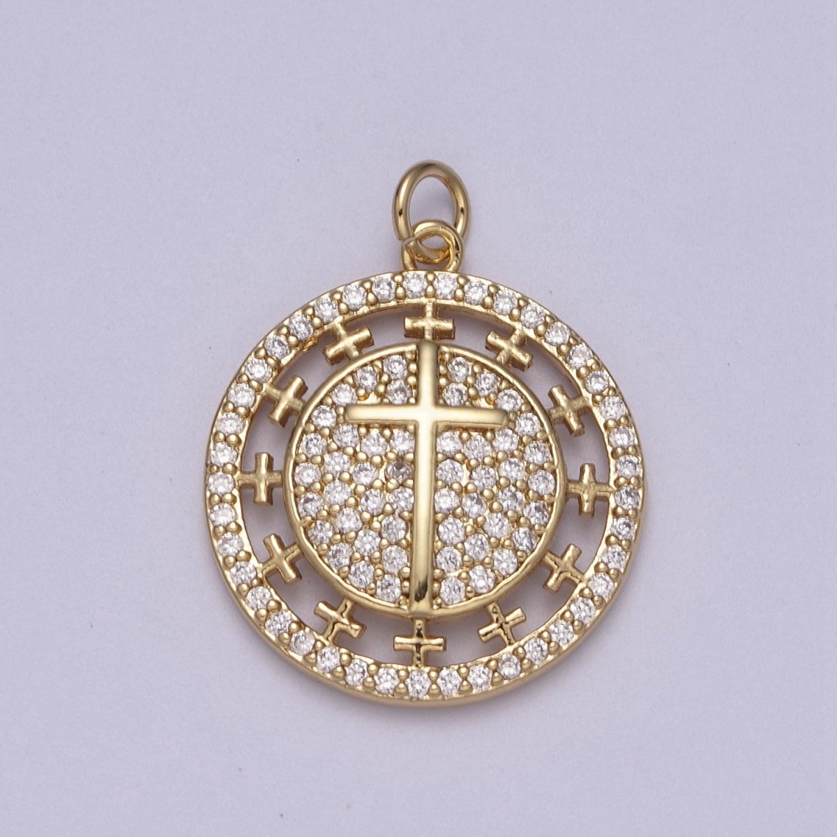 Dainty Cubic Cross Round Coin Medallion Pendant in Gold Catholic Charms Religious Jewelry N-338 - DLUXCA