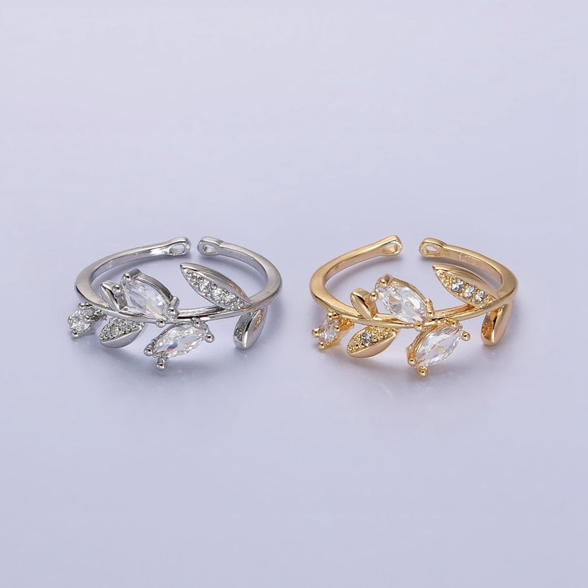 Dainty Cubic Zirconia Olive Leaf Adjustable Ring Silver Ring CZ Wrap around Ring, Minimalist Jewelry Y-621 Y-622 - DLUXCA