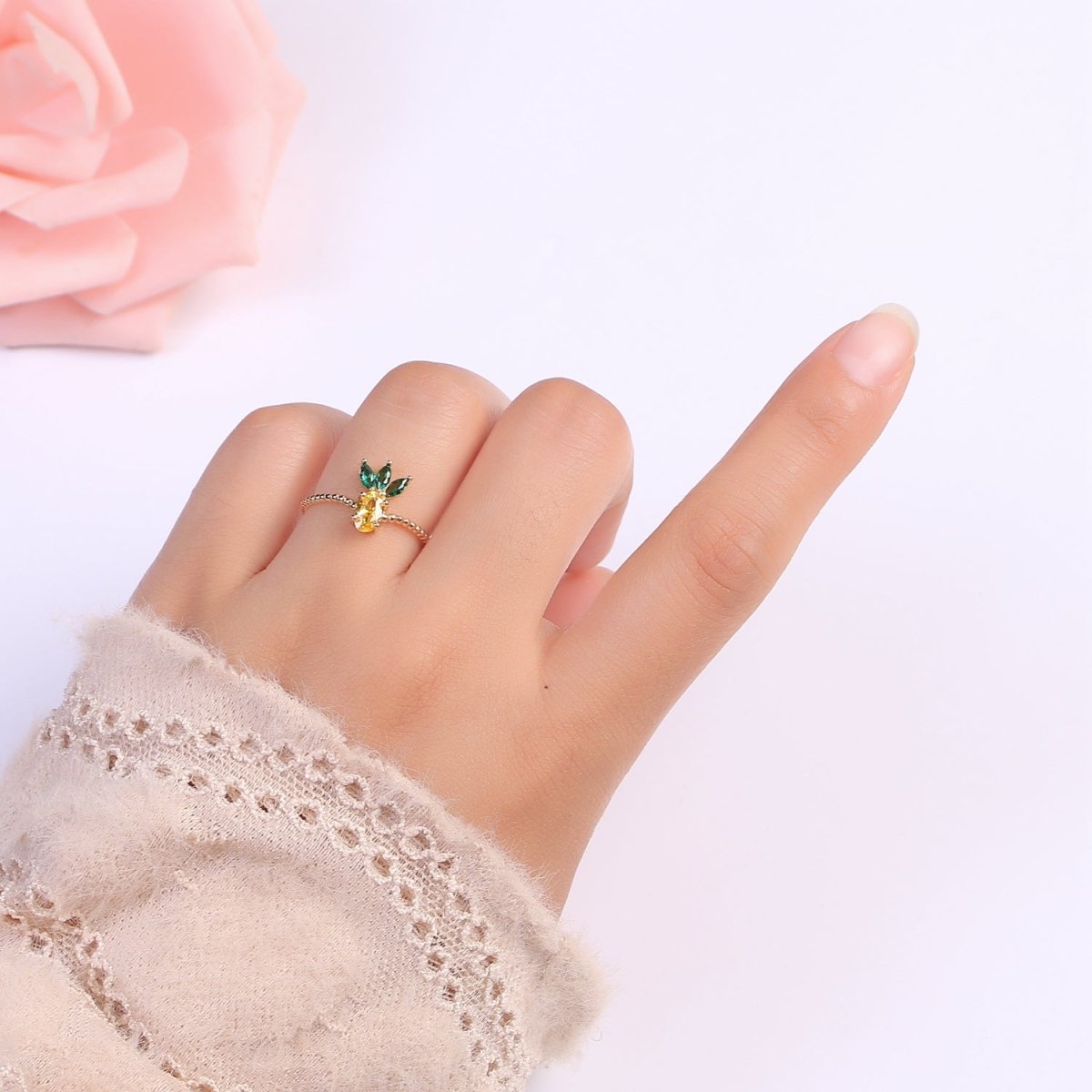 Dainty Cute Pineapple CZ Bubble Band Adjustable Ring O-323 - DLUXCA