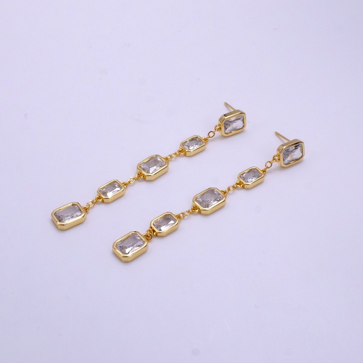 Dainty cz Bezel Emerald Cut Moissanite Stud Earring Drop Dangle Earring 16K Gold Filled Earring V-186 - DLUXCA