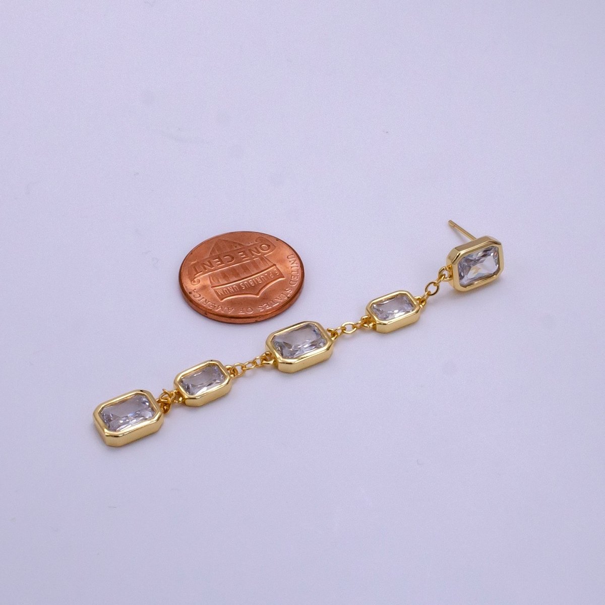 Dainty cz Bezel Emerald Cut Moissanite Stud Earring Drop Dangle Earring 16K Gold Filled Earring V-186 - DLUXCA