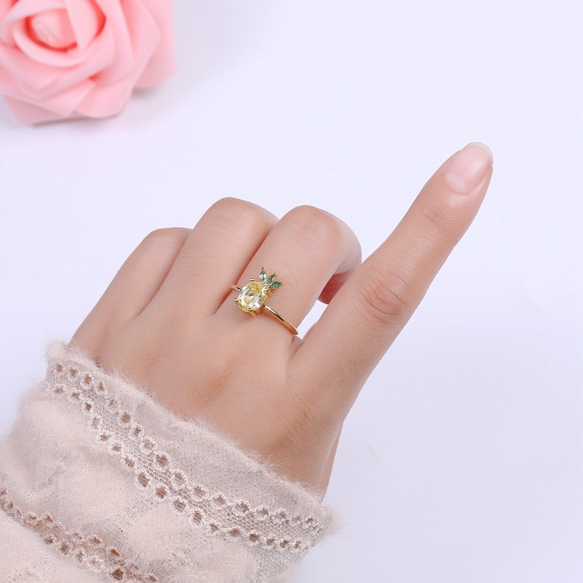Dainty Dole Pineapple CZ Gold Band Adjustable Ring S-217 - DLUXCA