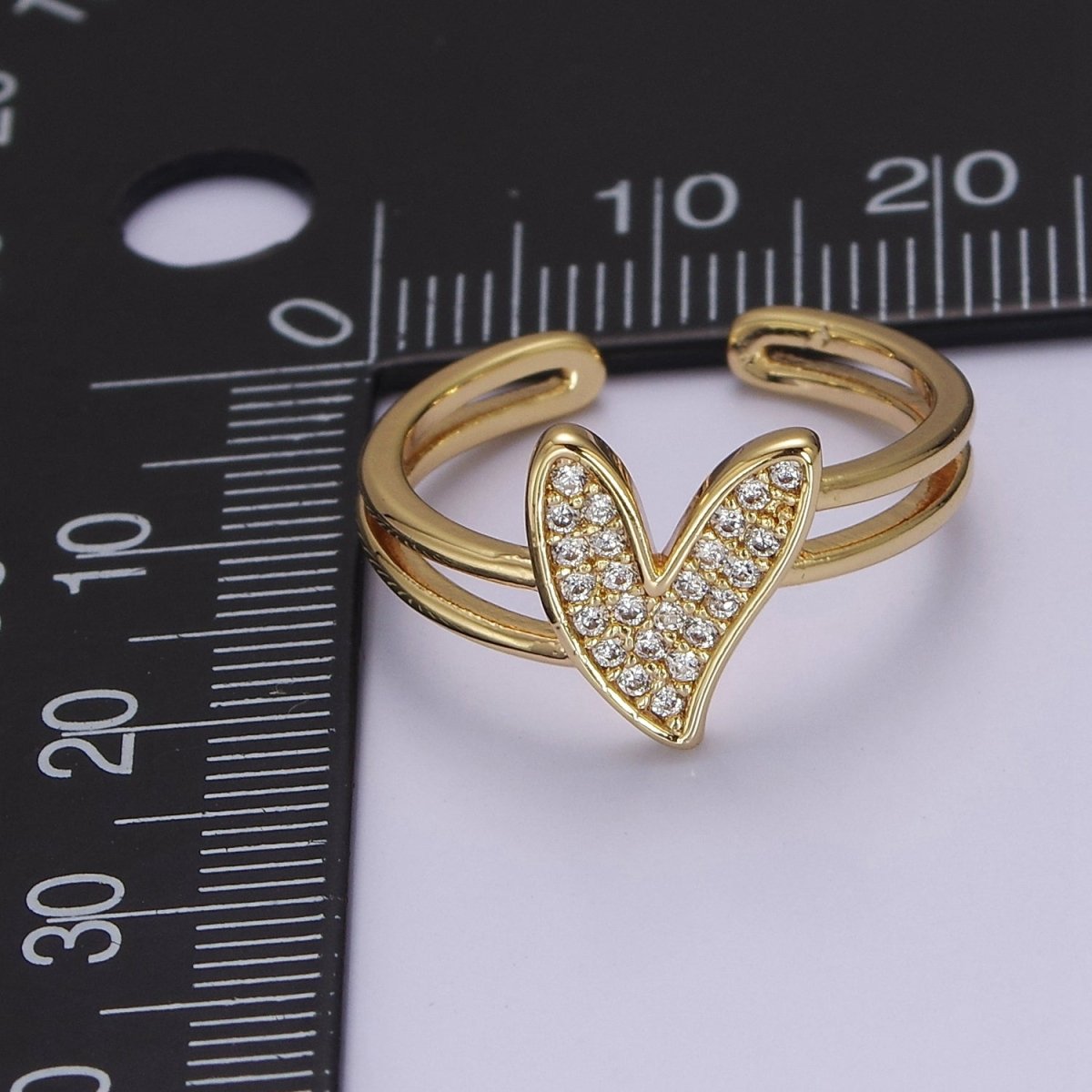 Dainty Double Band Heart Ring with Clear CZ Stone Gold Filled Open Adjustable O-2035 - DLUXCA