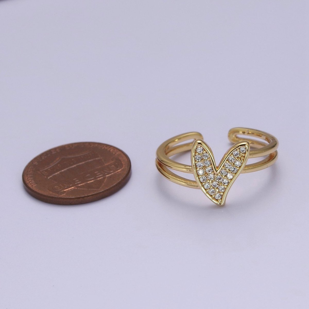 Dainty Double Band Heart Ring with Clear CZ Stone Gold Filled Open Adjustable O-2035 - DLUXCA