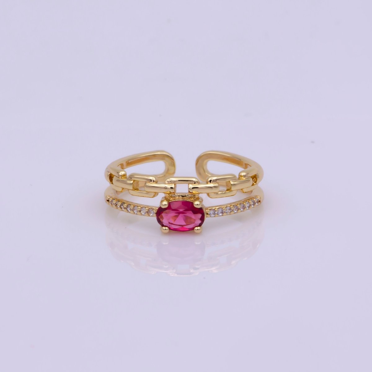Dainty Double Band ring with Red Cz Stone Micro Pave Gold Ring Open adjustable U-015 - DLUXCA