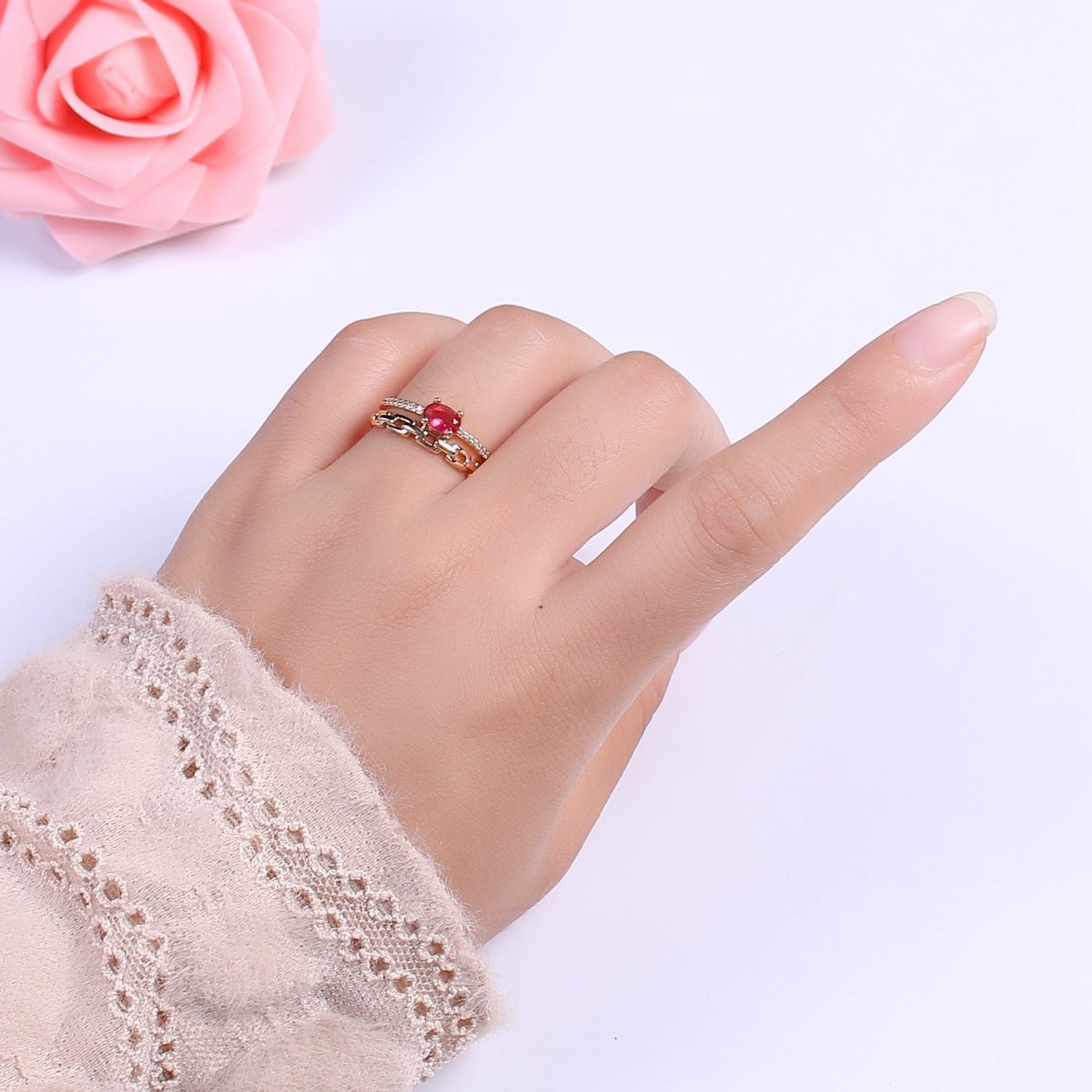 Dainty Double Band ring with Red Cz Stone Micro Pave Gold Ring Open adjustable U-015 - DLUXCA
