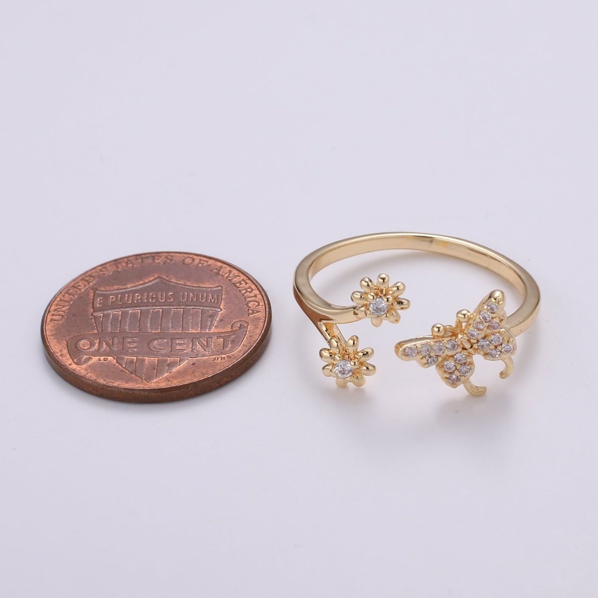 Dainty Elegant Butterfly and Flower 18K Gold Filled Adjustable Ring - R-271 - DLUXCA
