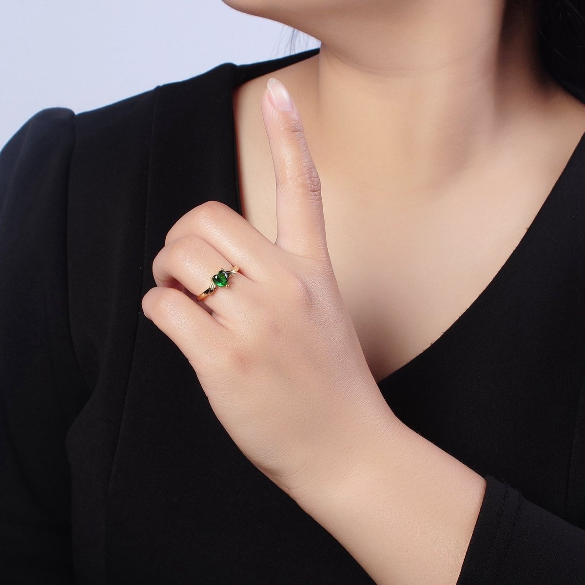 Dainty Emerald Green Heart Ring Green Cz Angel Wing Ring O-2105 - DLUXCA
