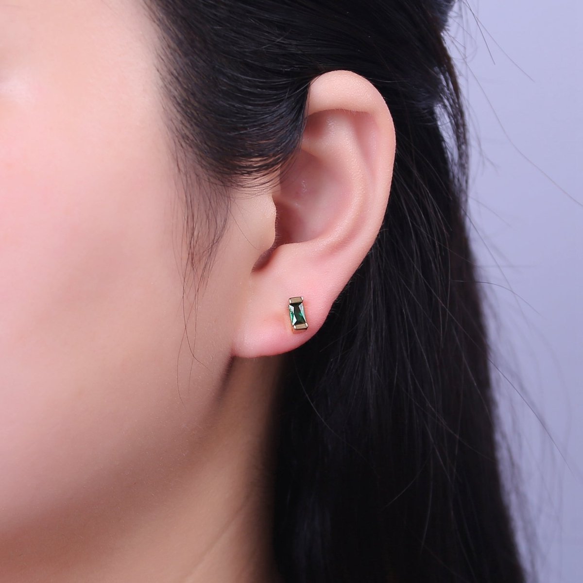 Dainty Emerald Green tiny baguette stud earrings | second hole earrings | tiny rectangle studs | Baguette shaped studs V-160 - DLUXCA