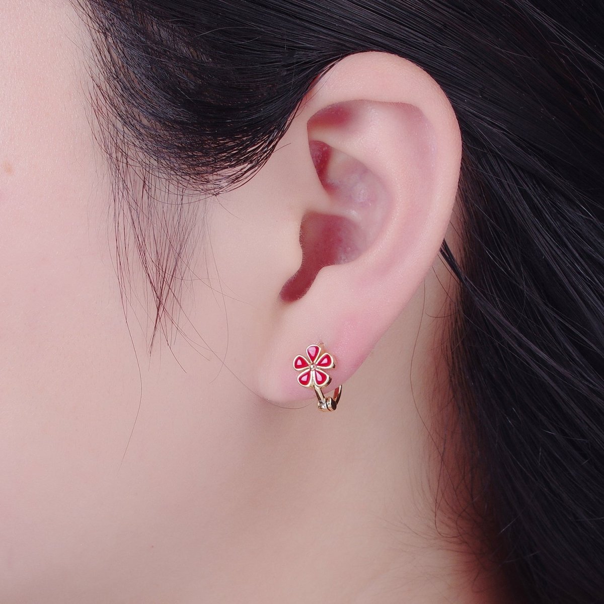 Dainty Enamel Flower Huggie Earring Red Pink Daisy Earring T-445 T-446 - DLUXCA