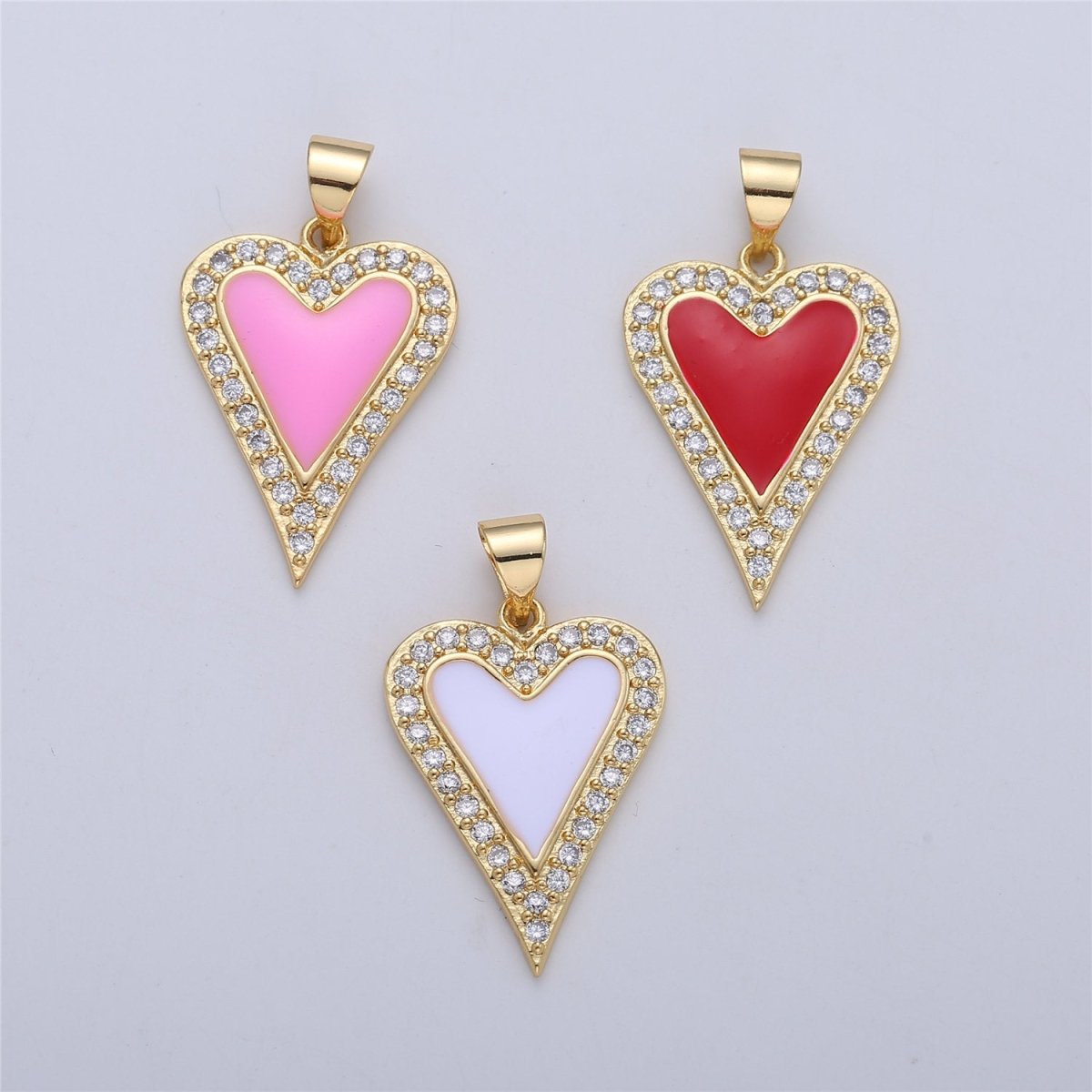 Dainty Enamel Red heart Pendant, Pink, Red, White Heart CZ Micro Pave Gold Filled Heart pendant, Enamel pendant, Enamel Jewelry Supply I-166 - DLUXCA