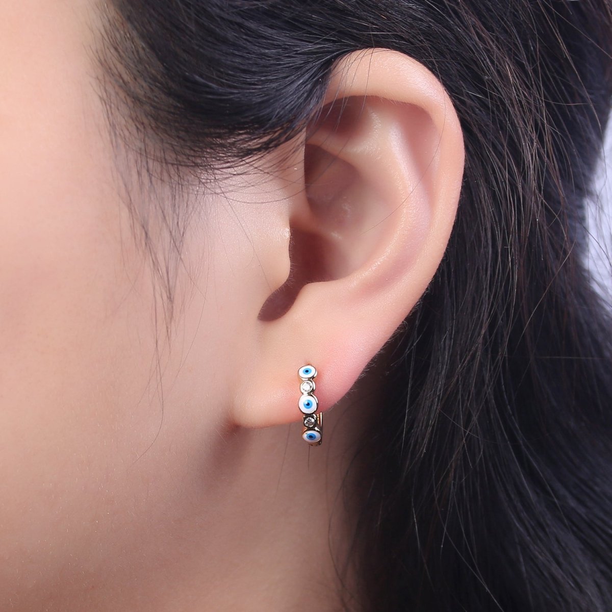 Dainty Evil Eye Hoop Earring 14mm Huggie Earring Protection Amulet Jewelry | T-309 ~ T-314 - DLUXCA