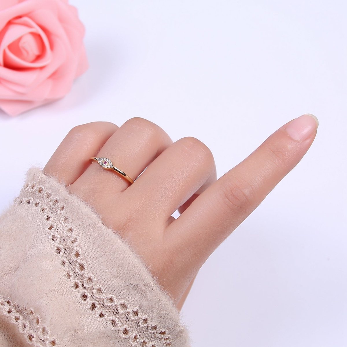 Dainty Evil Eye Stacking Ring, Gold Minimalist Ring, Simple cz Ring, Gold Filled Ring, Thin Ring, Delicate Ring, Gift for her U-325~U-328 - DLUXCA