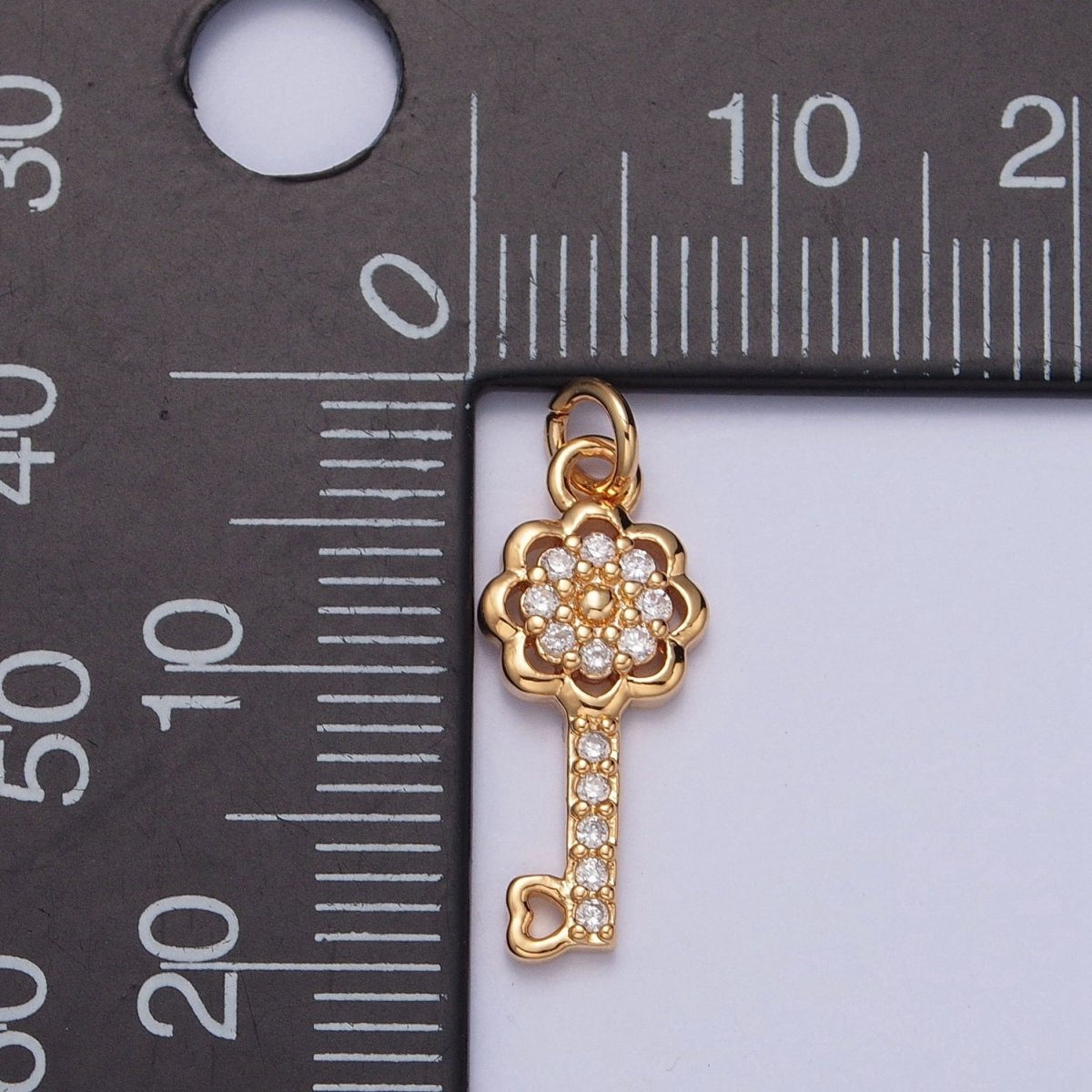 Dainty Flower Heart Key Micro Paved CZ Gold Charm Jewelry Component | X-247 - DLUXCA
