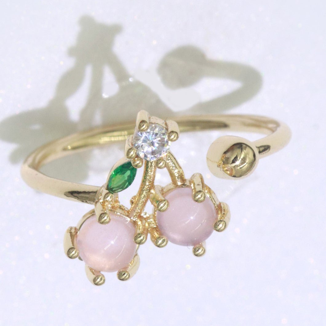 Dainty Fruit ring, Gold Mini Fruit Ring, Dainty Stackable Rings, Open Adjustable Ring Crystal Tropical Fruits, Pink Cherry Ring O-450 - DLUXCA
