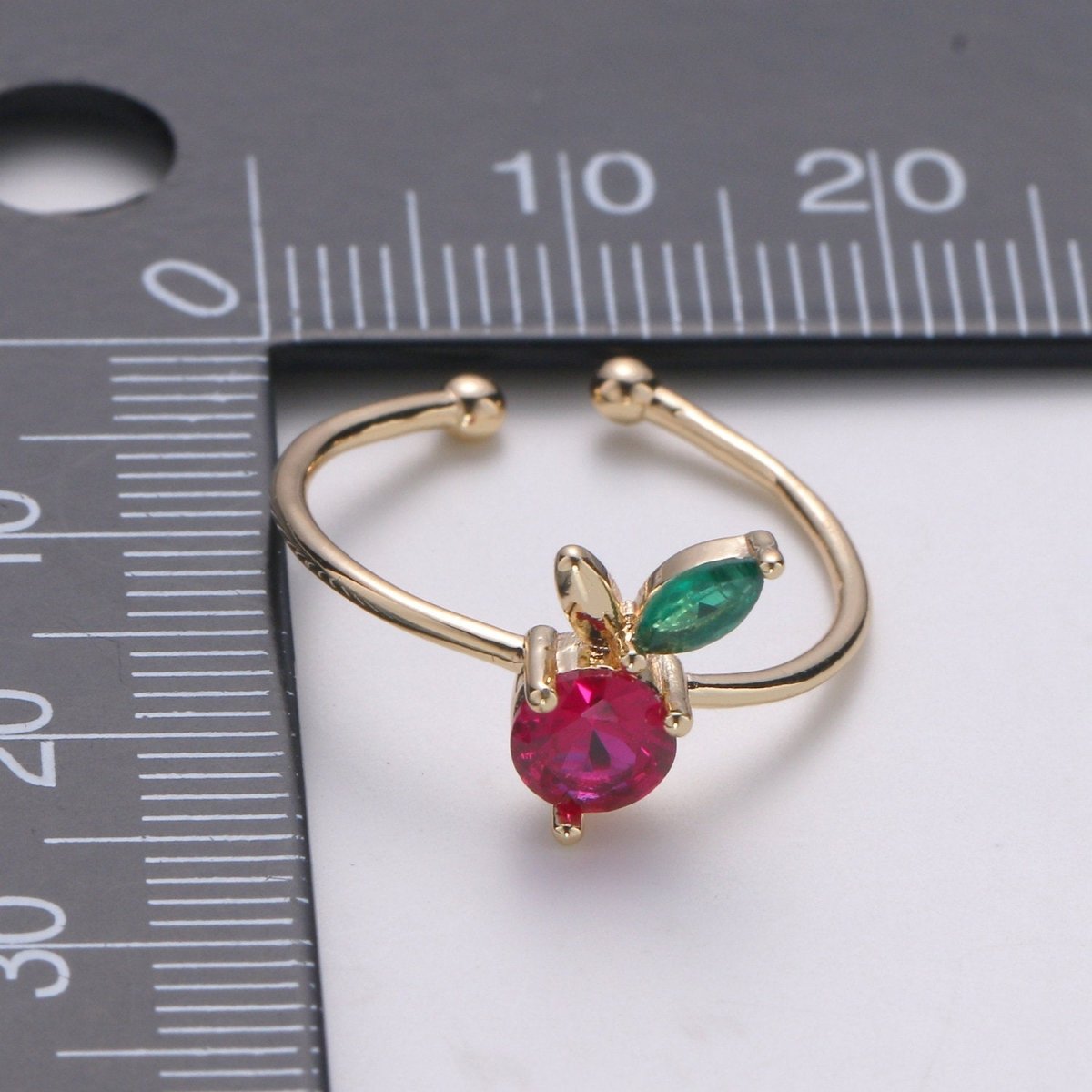 Dainty Fruit ring, Gold Mini Fruit Ring, Dainty Stackable Rings, Open Adjustable Ring Crystal Tropical Fruits, Red Cherry Ring R-115 - DLUXCA