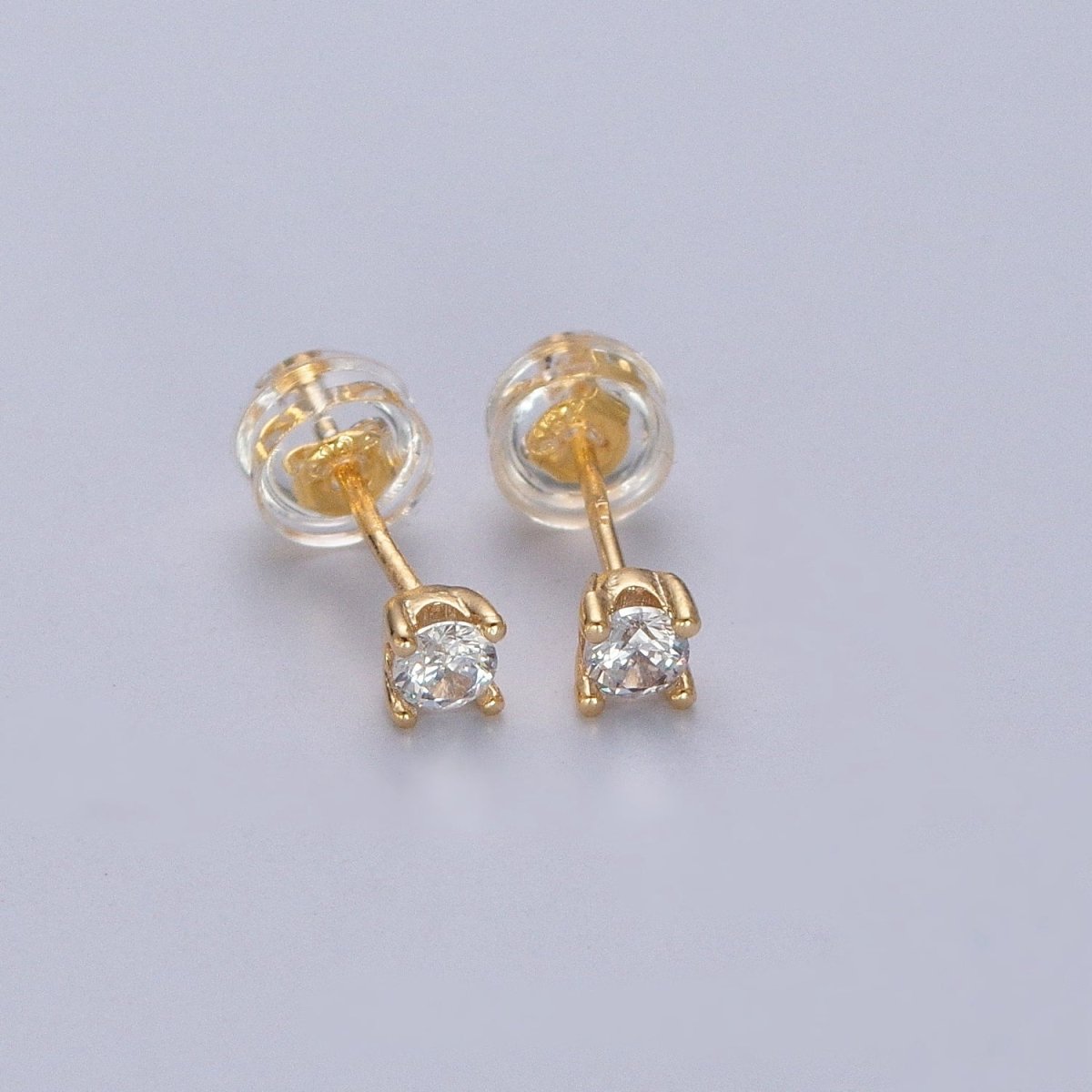 Dainty Gold 3mm, 4mm, 4.4mm Round Clear Cubic Zirconia CZ Stud Earrings P-432 P-433 P-434 - DLUXCA