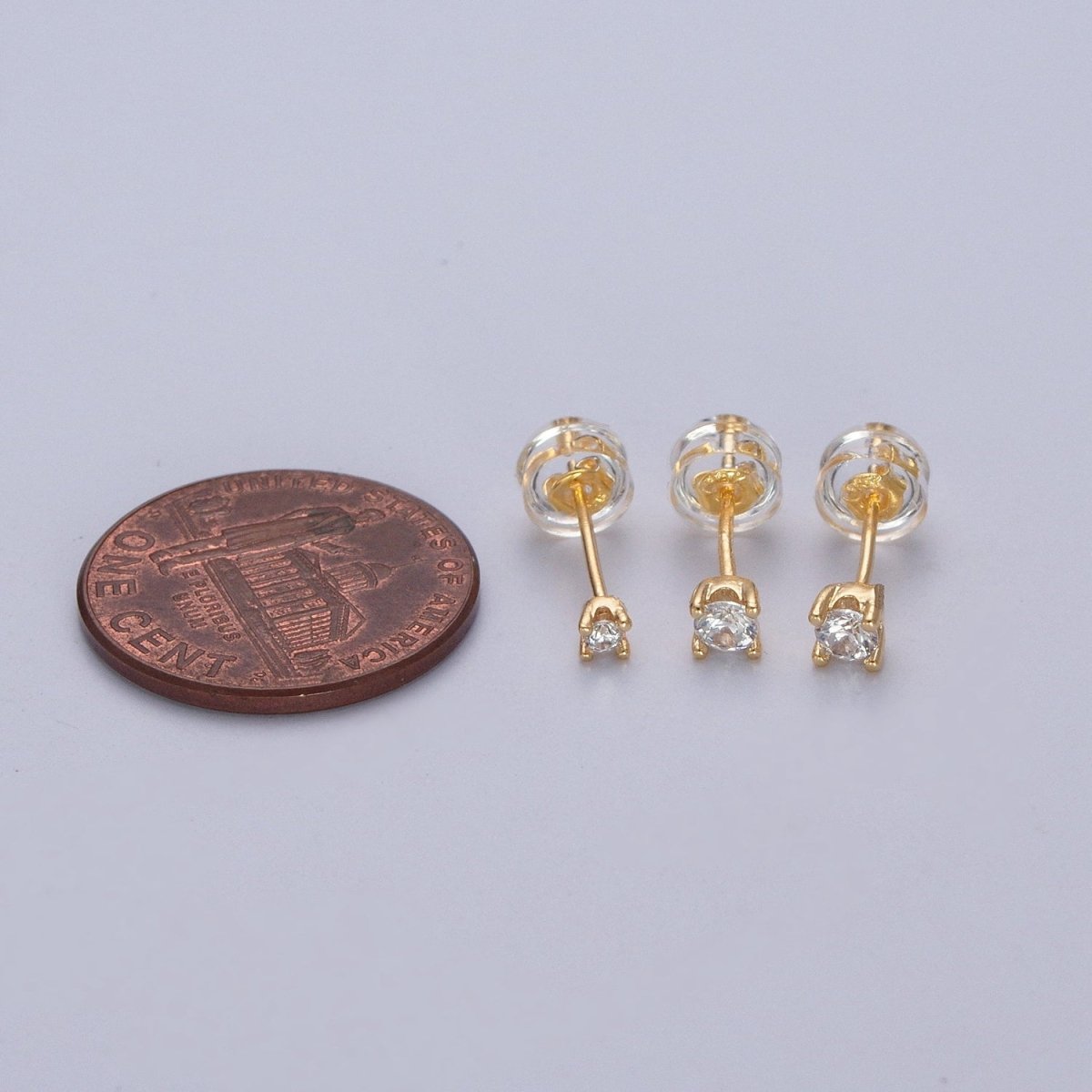 Dainty Gold 3mm, 4mm, 4.4mm Round Clear Cubic Zirconia CZ Stud Earrings P-432 P-433 P-434 - DLUXCA