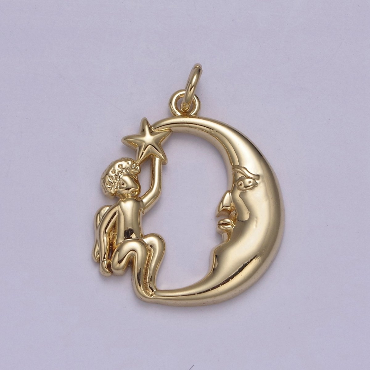 Dainty Gold Angel Holding Star with Crescent Moon N-848 - DLUXCA