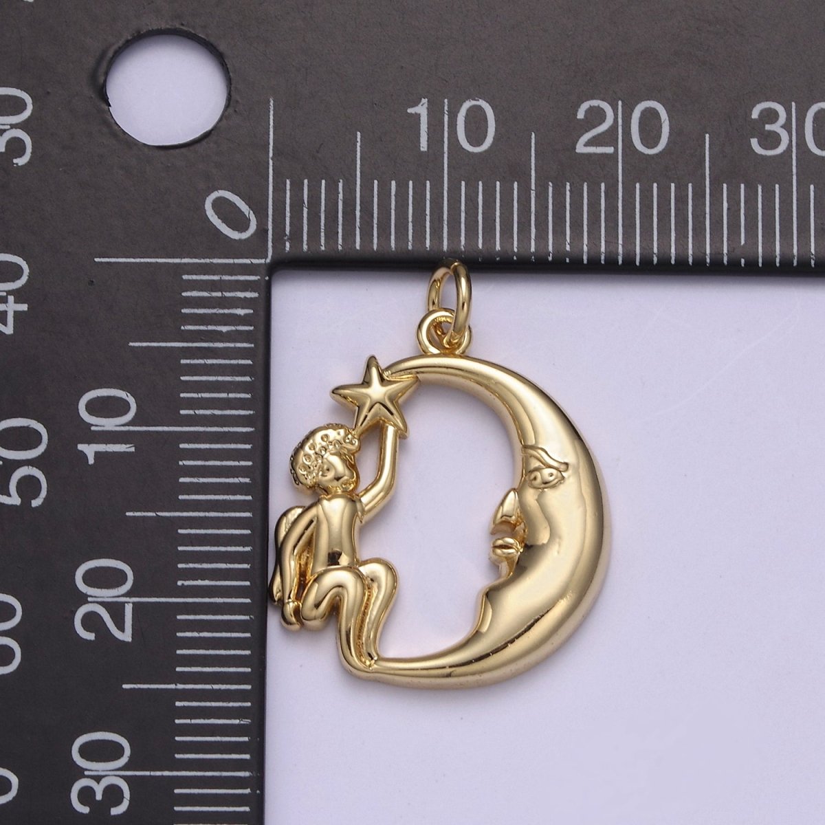 Dainty Gold Angel Holding Star with Crescent Moon N-848 - DLUXCA