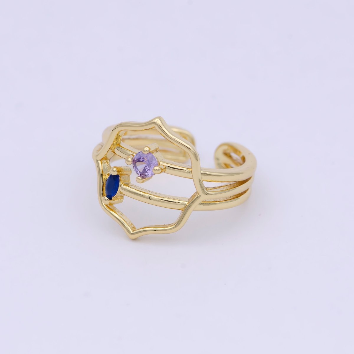 Dainty Gold Band Purple Cz Ring Open Adjustable Stackable Jewelry S-313 - DLUXCA