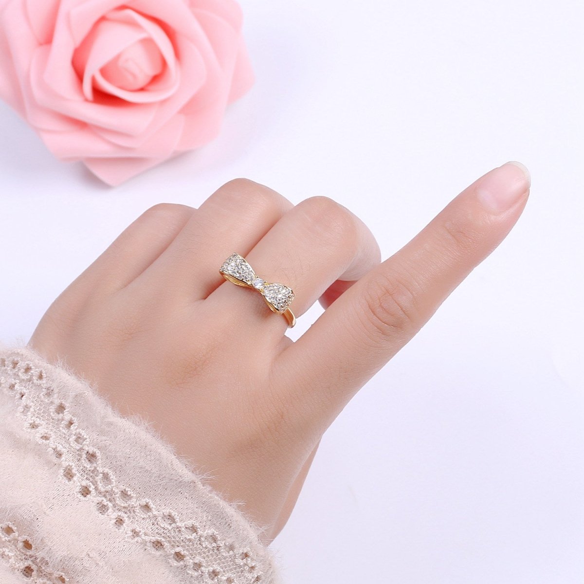 Dainty Gold Bow ring, Gold Minimalist Ring, Dainty Stackable Rings, Open Adjustable Ring CZ Ribbon Kawaii Cute Ring S-166 - DLUXCA