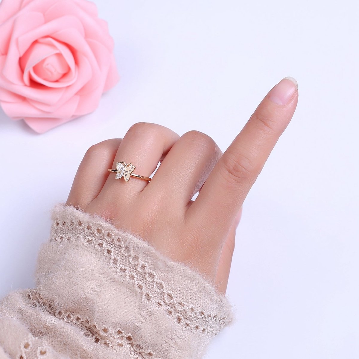 Dainty Gold Butterfly CZ Ring Open Adjustable S-510 - DLUXCA