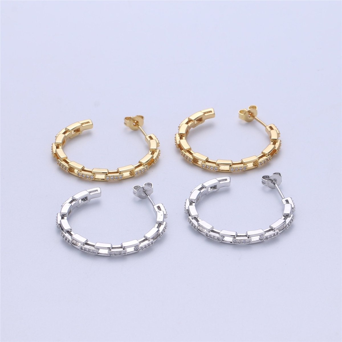 Dainty Gold Chain Earring- Curb Chain Earring - Micro Pave Thin Earring - Gold Filled Hoop Ring - Minimalist Jewelry - Silver Link Earring Q-537 Q-538 - DLUXCA