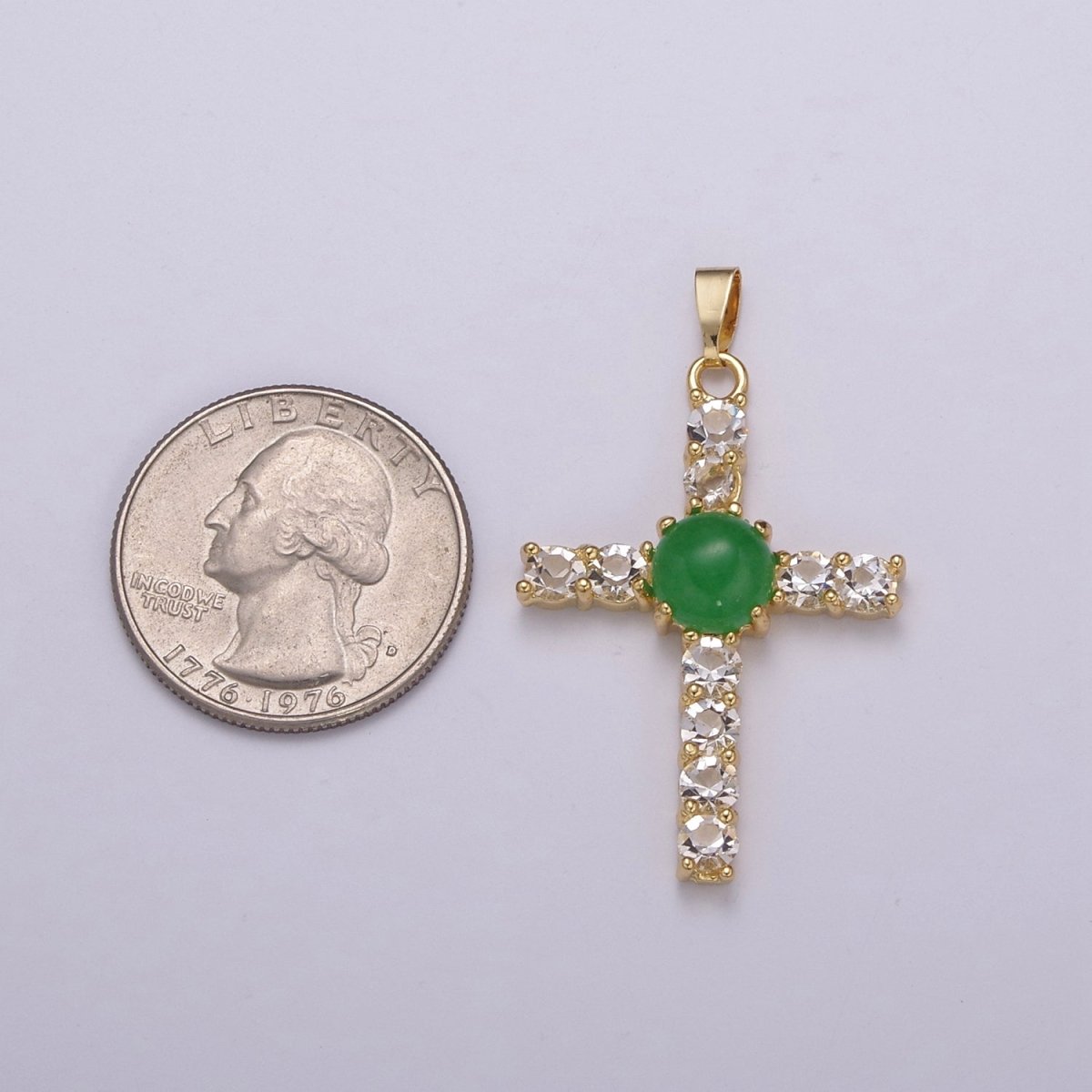 Dainty Gold Cross Pendant With Jade Beads for Necklace Earring Component Supply O-268 - DLUXCA