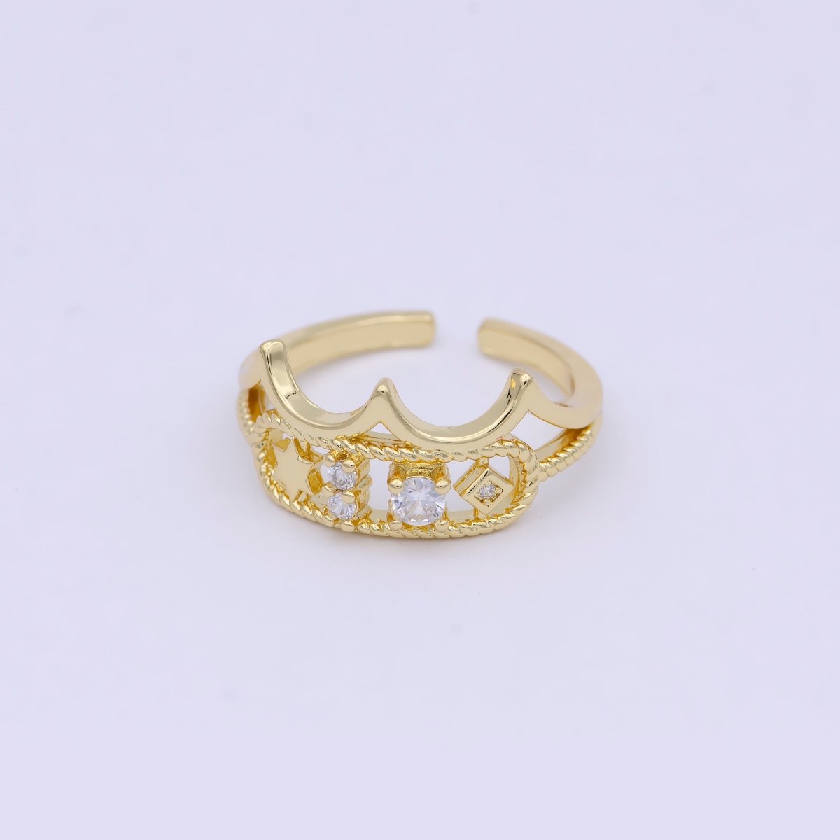 Dainty Gold Crown Ring Clear Tiara Cz Ring Open Adjustable Stackable Jewelry S-396 - DLUXCA