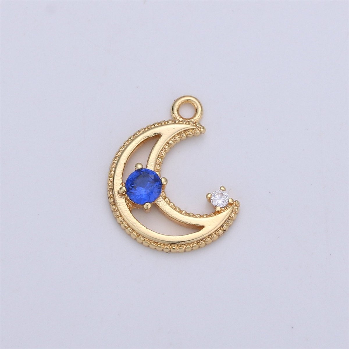 Dainty Gold CZ Crescent Moon Cubic Zirconia with Pink Blue Clear Teal CZ 14k Gold Filled Pave Charm Celestial Unique Charm I-332 - DLUXCA