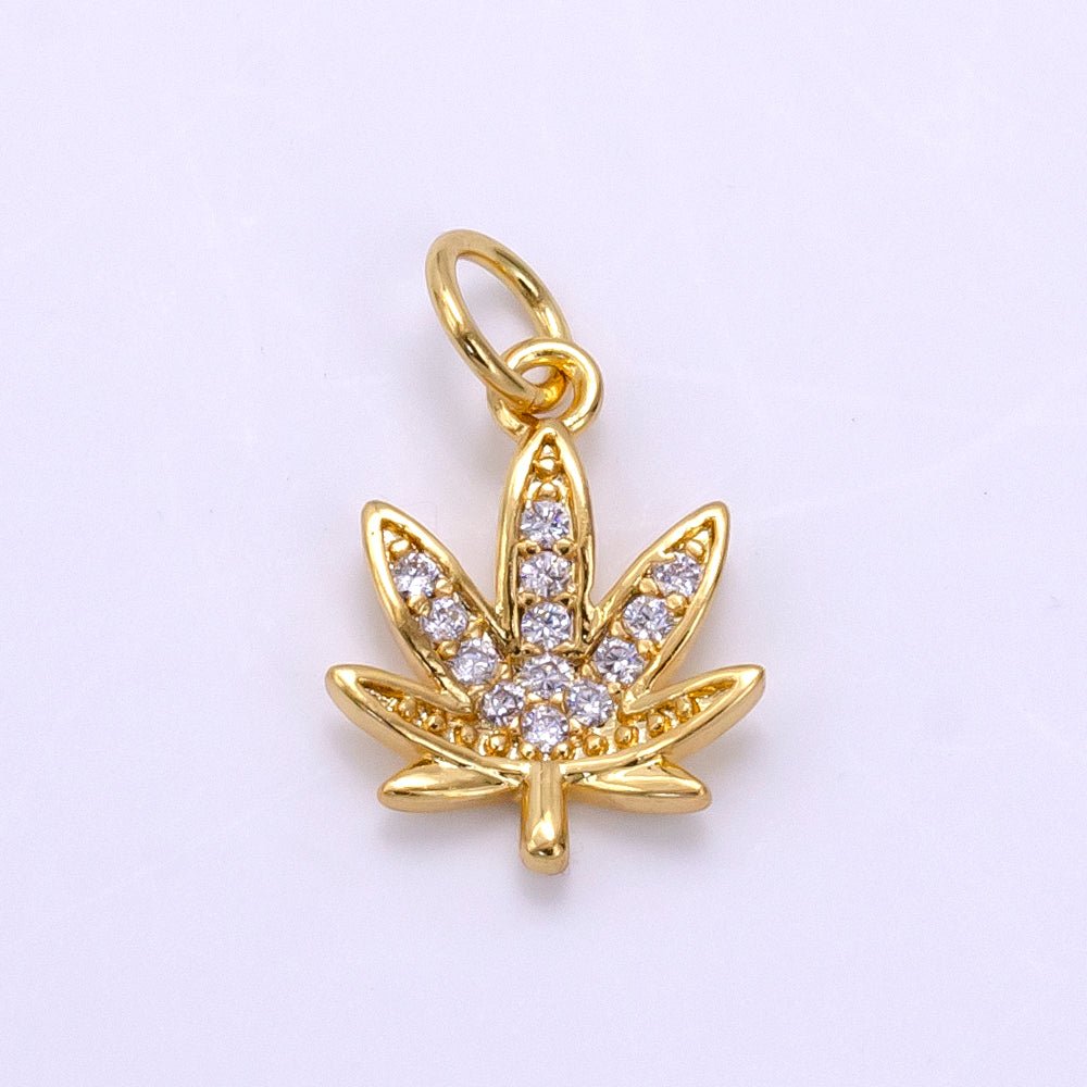 Dainty Gold CZ Micro Pave Marijuana Leaf Charm Pendant Weed Charm, Pot Leaf Charm, Cannabis Charm, Cubic Weed Charm 420 jewelry M-362 - DLUXCA