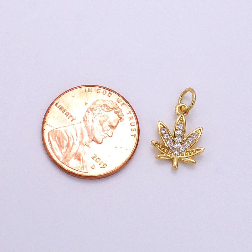 Dainty Gold CZ Micro Pave Marijuana Leaf Charm Pendant Weed Charm, Pot Leaf Charm, Cannabis Charm, Cubic Weed Charm 420 jewelry M-362 - DLUXCA