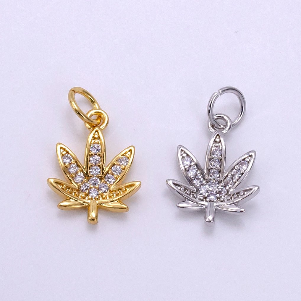 Dainty Gold CZ Micro Pave Marijuana Leaf Charm Pendant Weed Charm, Pot Leaf Charm, Cannabis Charm, Cubic Weed Charm 420 jewelry M-362 - DLUXCA