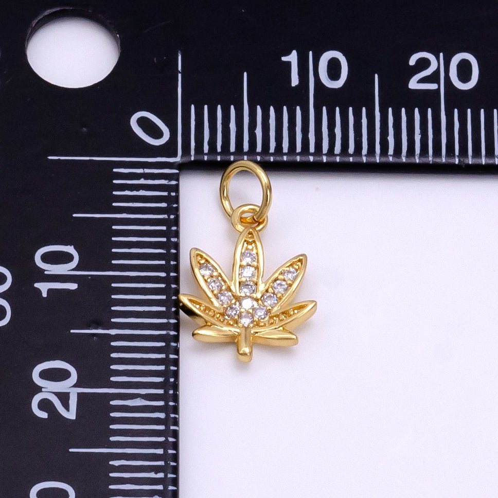 Dainty Gold CZ Micro Pave Marijuana Leaf Charm Pendant Weed Charm, Pot Leaf Charm, Cannabis Charm, Cubic Weed Charm 420 jewelry M-362 - DLUXCA