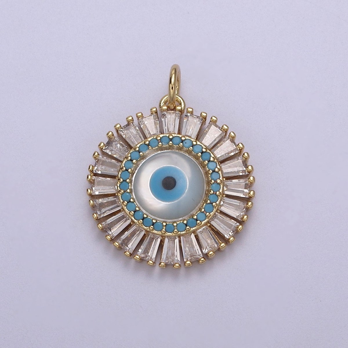 Dainty Gold Filled Baguette CZ Evil Eye Charm Necklace | CZ Round Pendant Amulet Protection Jewelry N-827 - DLUXCA